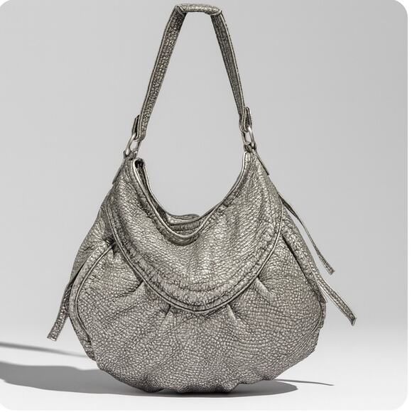 Y2K silver faux leather boho chic hobo satchel, slouchy shoulder bag - Picture 1 of 11